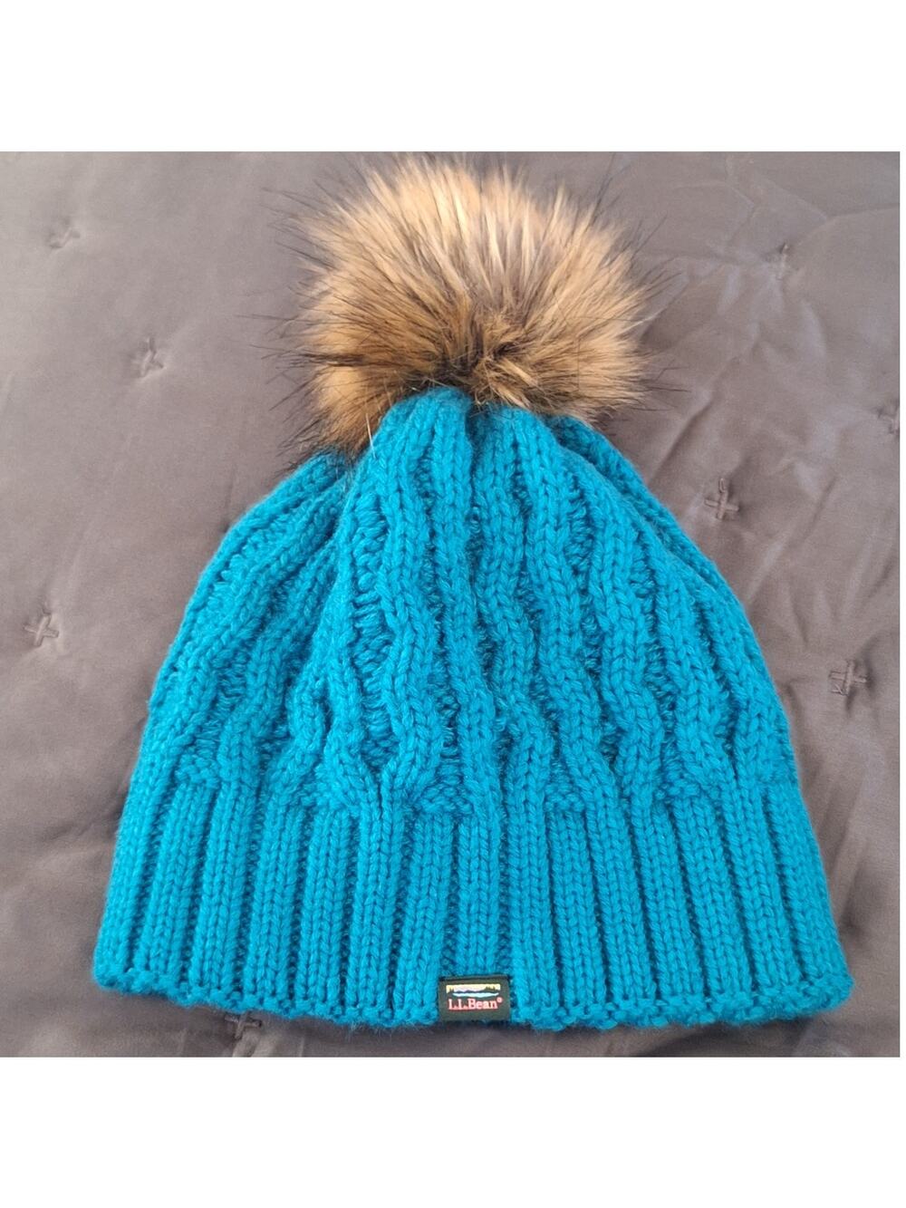 L.L. Bean Kid Beanie OS Teal Cable Knit Fleece Lined Pom Outdoor Winter Gorpcore